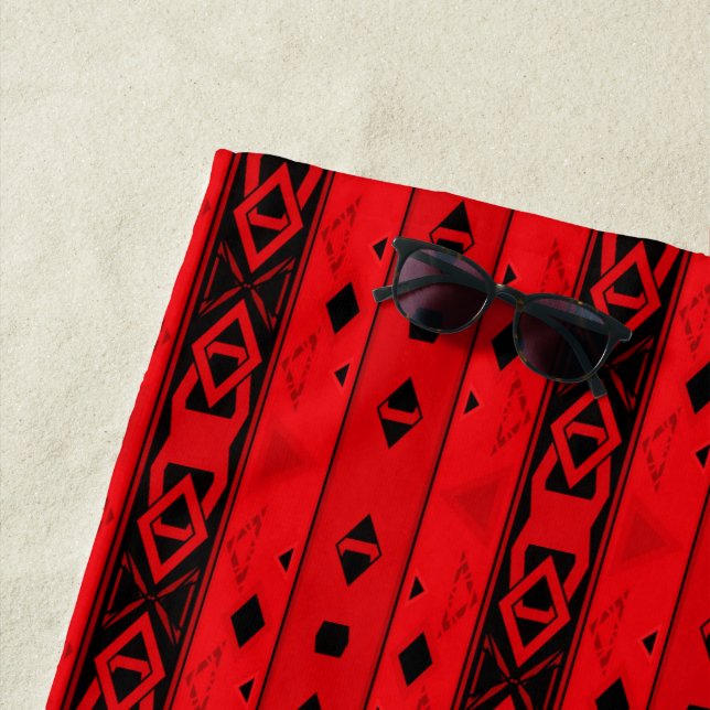 Stripes and geometric shapes red black beach towel (In Situ)