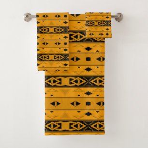 Stripes and geometric shapes yellow black  bath towel set