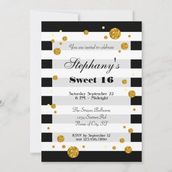 Stripes And Glitter Sweet Sixteen Invitation by marlenedesigner at Zazzle