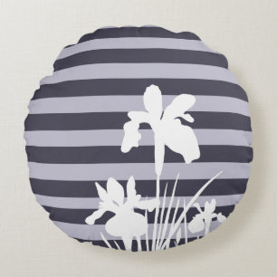 Stripes and Iris Flowers Silhouette Round Pillow