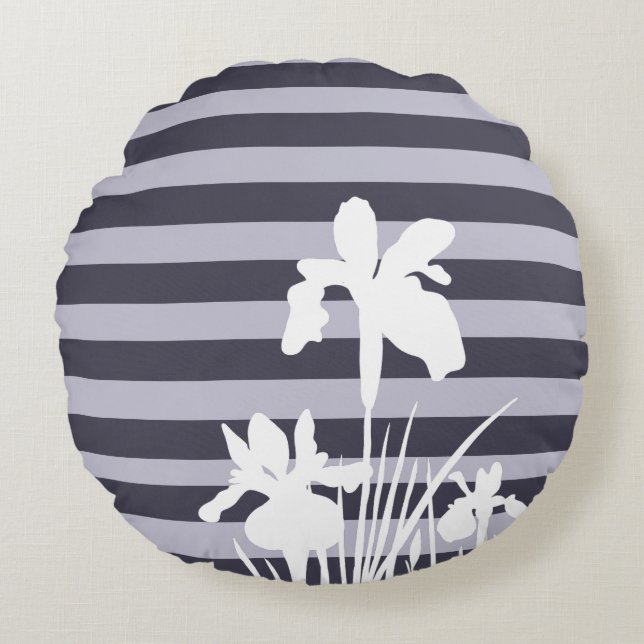 Stripes and Iris Flowers Silhouette  Round Pillow (Front)