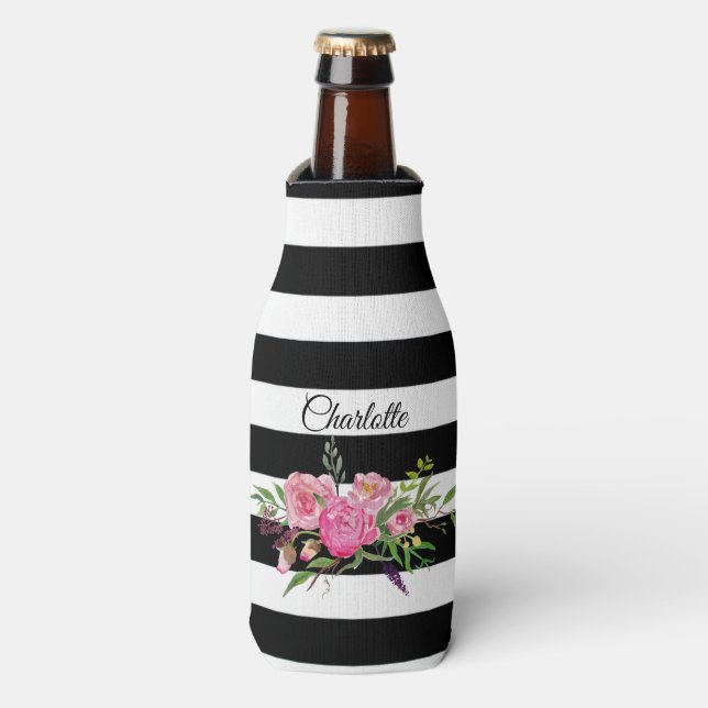 Stripes and Peonies Personalized Bottle Cooler (Bottle Front)