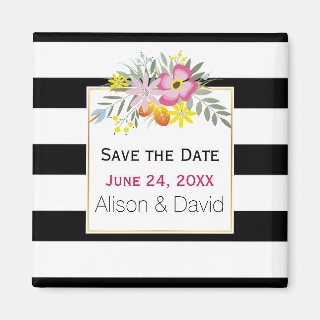 Stripes and pink flowers wedding Save the Date Magnet (Front)