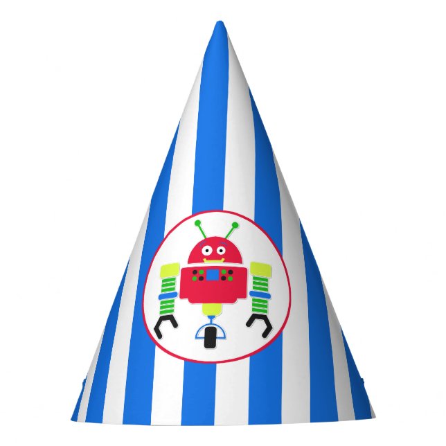 Stripes and Robot Birthday Party Hat (Front)