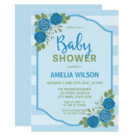 Stripes and Roses Blue Boy Baby Shower Invitation