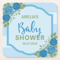 Stripes and Roses Blue Boy Baby Shower Square Paper Coaster