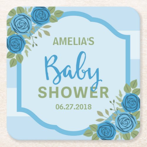 Stripes and Roses Blue Boy Baby Shower Square Paper Coaster