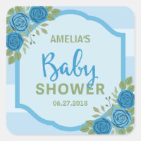 Stripes and Roses Blue Boy Baby Shower Square Sticker
