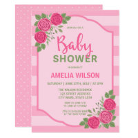 Stripes and Roses Pink Girl Baby Shower Invitation