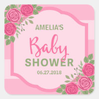 Stripes and Roses Pink Girl Baby Shower Square Sticker