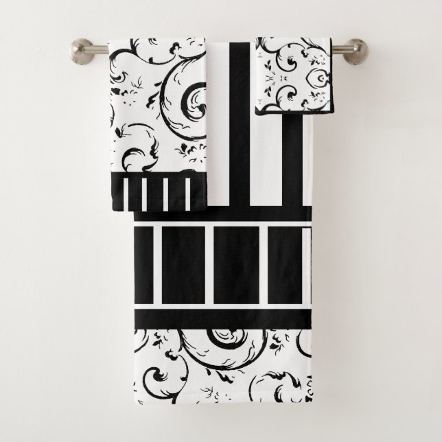 Stripes and Swirls Black and White  Bath Towel Set (Insitu)