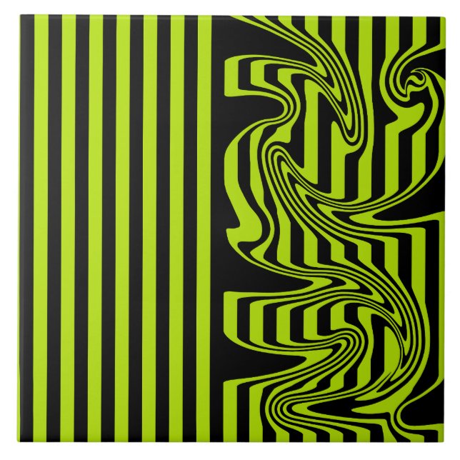 Stripes and Swirls - Lime Green and Black Ceramic Tile (Front)