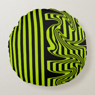 Stripes and Swirls - Lime Green and Black Round Pillow