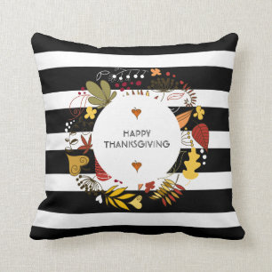 Stripes And Thanksgiving Fall Colors Wreath Throw Pillow