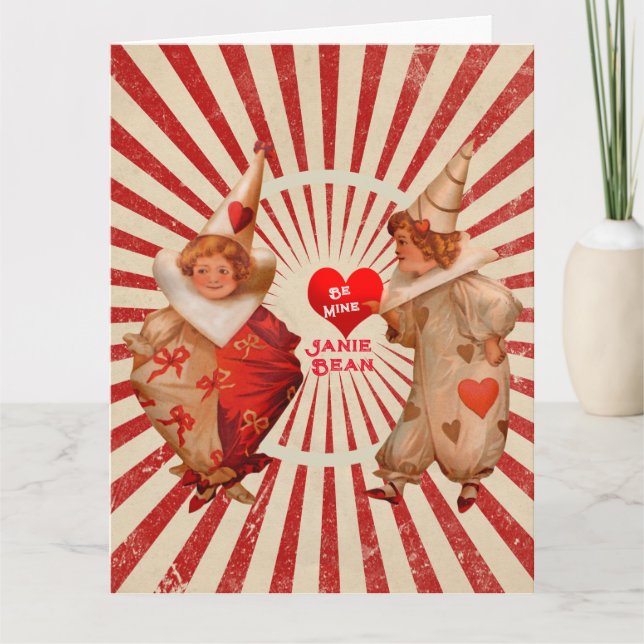 Stripes and Vintage Valentine Clowns with Heart Card (Front)