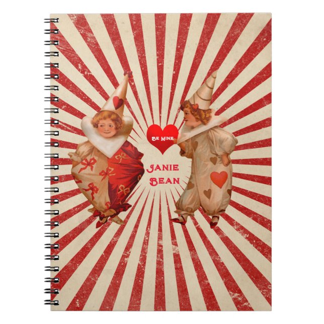 Stripes and Vintage Valentine Clowns with Heart  Notebook (Front)