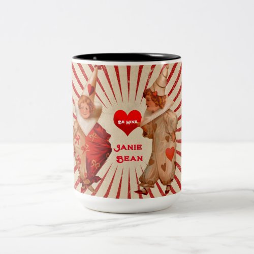 Stripes and Vintage Valentine Clowns with Heart   Two_Tone Coffee Mug