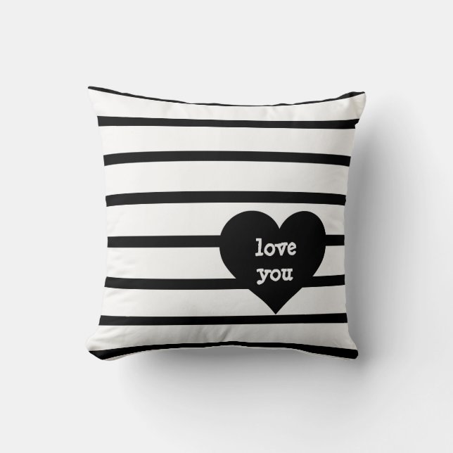 Stripes B&W, black Heart, love you (love you more) Throw Pillow (Front)