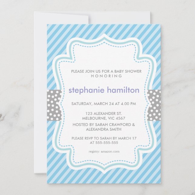 Stripes baby boy shower polka dots ribbon invitation (Front)