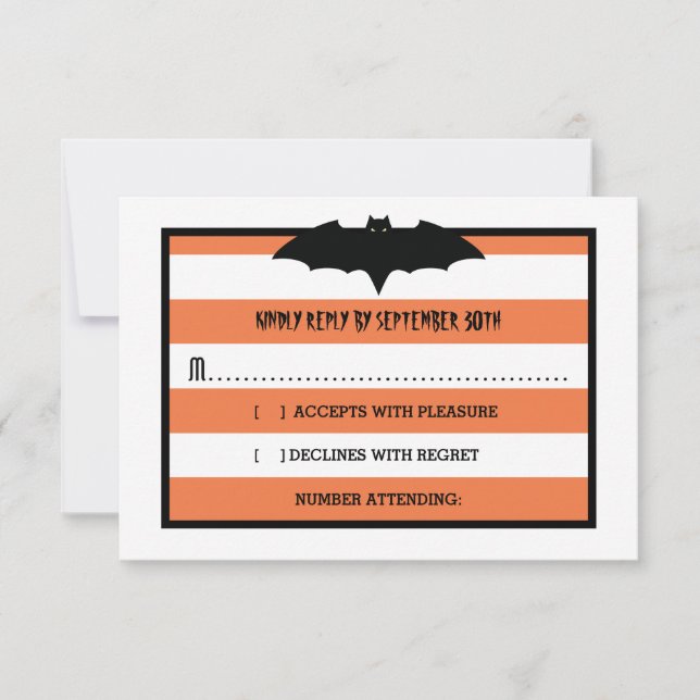 Stripes & Bat | Orange Halloween Wedding RSVP Card (Front)