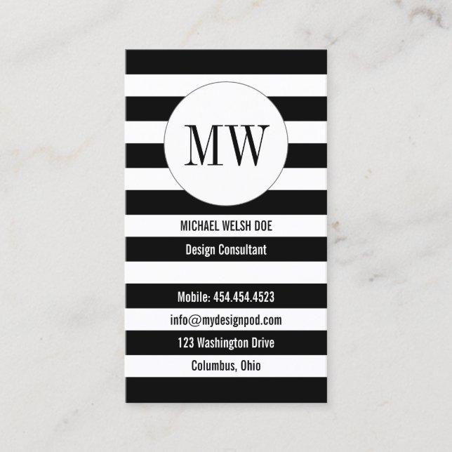 Stripes Black and White with Monogram Initials Business Card (Front)