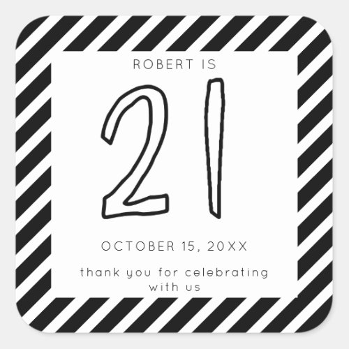 Stripes Black  White 21st Birthday Men Simple Square Sticker