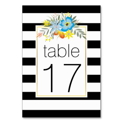 Stripes blue folklore flowers wedding table number