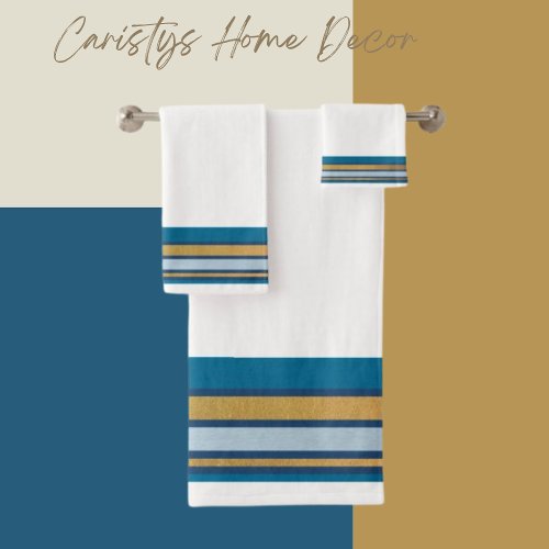 Stripes Blue Grey Gold on White Bath Towel Set