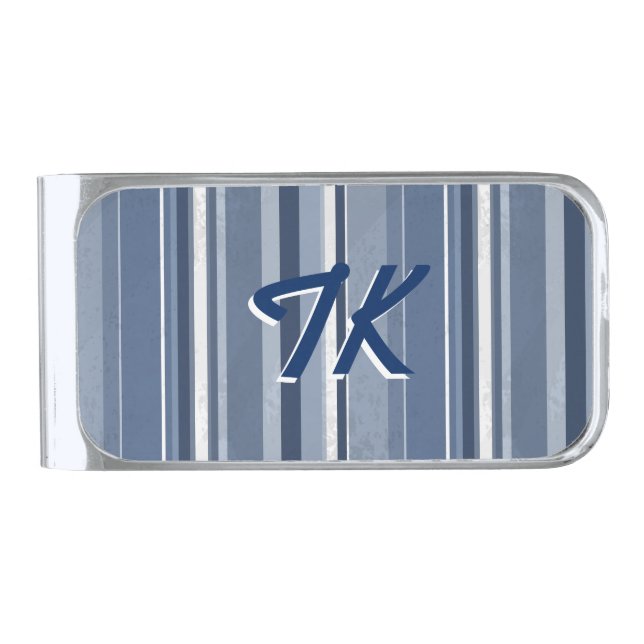 Stripes Blue Silver Finish Money Clip (Front)