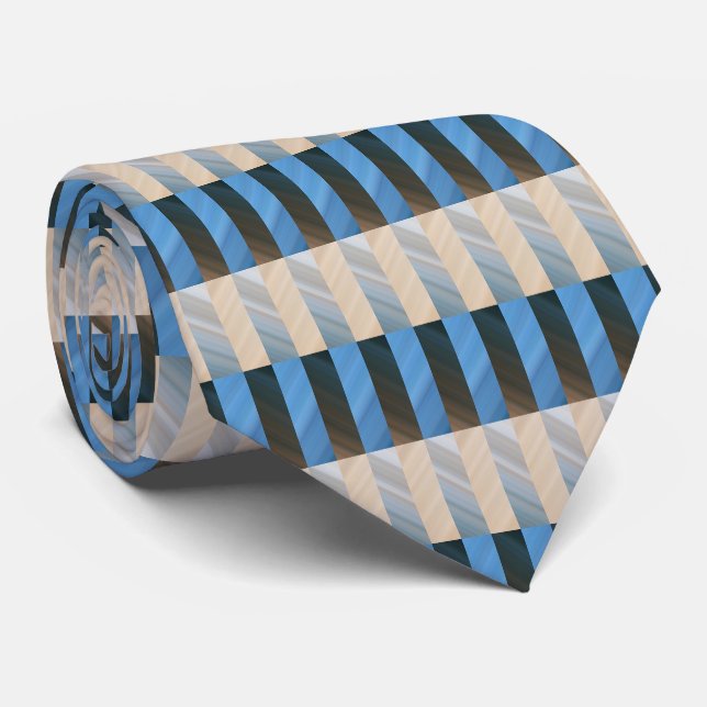 Stripes - Blue Silver Gold Beige Neck Tie (Rolled)