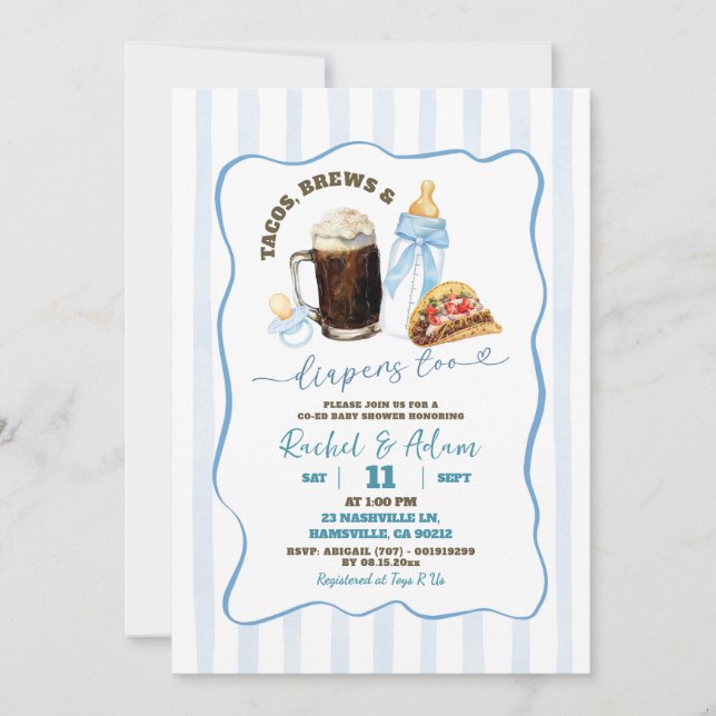 Stripes Blue Tacos Brews and Babies Baby Shower Invitation (Front)