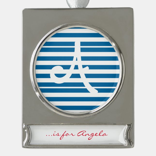 Stripes | Blue & White | Customizable | Silver Plated Banner Ornament (Front)