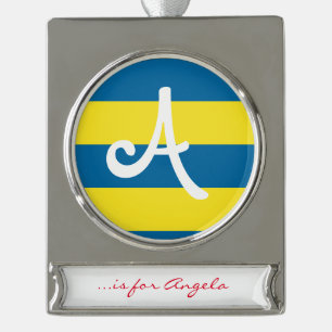 Stripes   Blue & Yellow   Customizable Silver Plated Banner Ornament