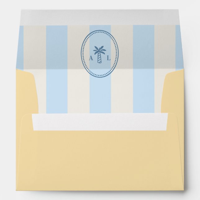 Stripes Blue & Yellow Palm Tree Monogram Wedding Envelope (Back (Bottom))