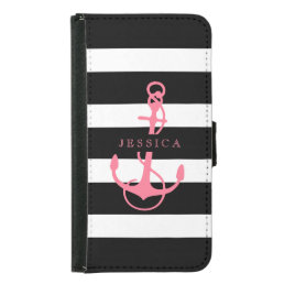 Stripes &amp; Boat Anchor In Black White &amp; Pink Wallet Phone Case For Samsung Galaxy S5