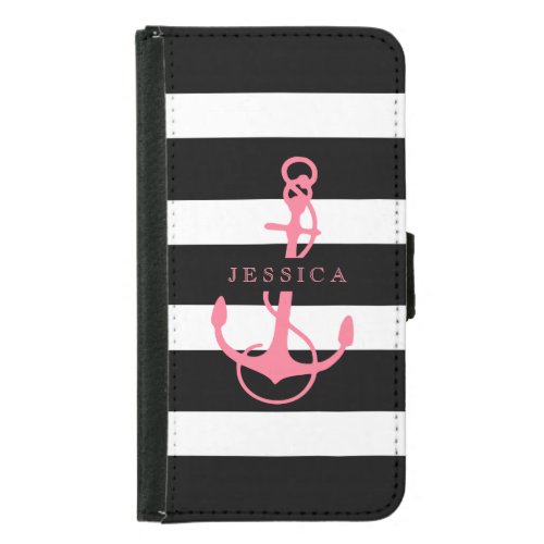 Stripes  Boat Anchor In Black White  Pink Wallet Phone Case For Samsung Galaxy S5