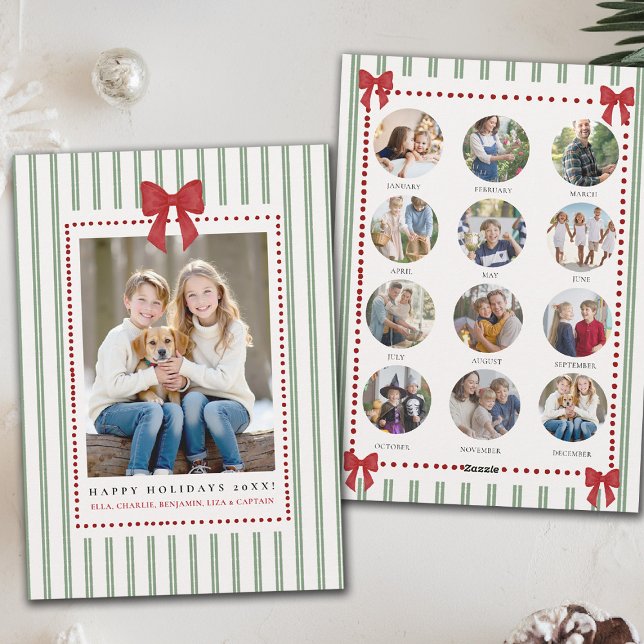 Stripes Bow Green Red Christmas Year Review Photos Holiday Card (family christmas card year in review template photos green stripes red bow watercolor trendy chic)