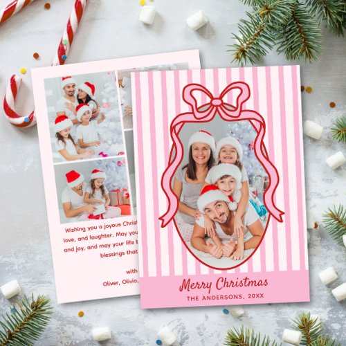 Stripes Bow Merry Christmas 5 Photo Holiday Card