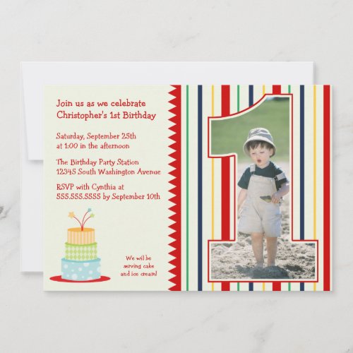 Stripes boy's photo 1st birthday party invitation