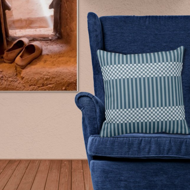Stripes & Checker In Shades Of Blue Throw Pillow (Creator Uploaded)