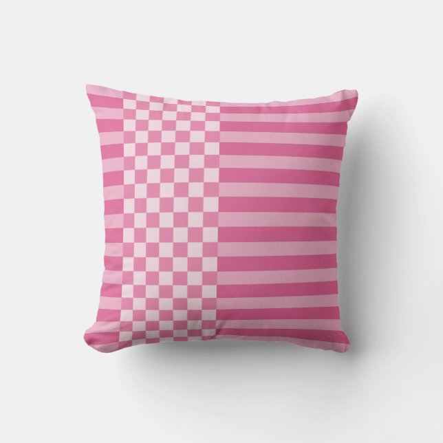 Stripes & Checker In Shades Of Pink Throw Pillow (Front)