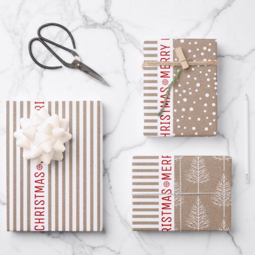 Stripes Christmas trees snow brown kraft paper