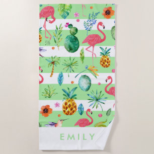 Stripes & Colorful Tropical Pattern Beach Towel