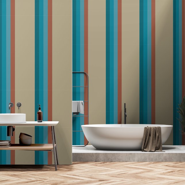 Stripes Cool Blue Aqua Brown Rust Stone Grey Olive Wallpaper (Bathroom)