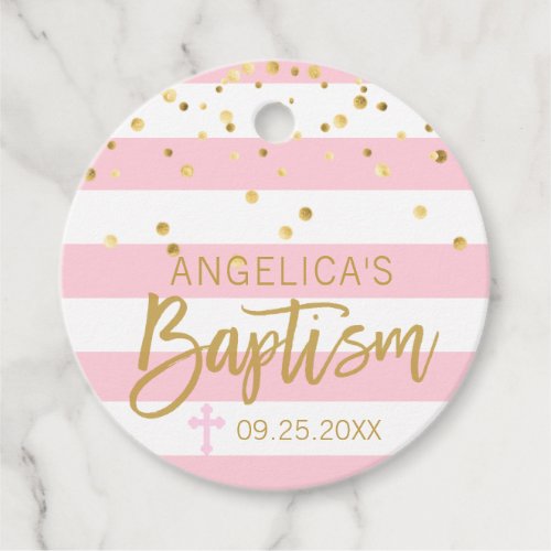 Stripes Cross Pastel PINK Gold GIRL BAPTISM Favor Tags