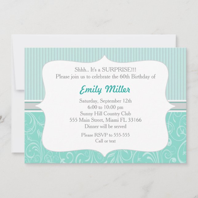 Stripes Damask Turquoise 60th Birthday Invitation (Front)