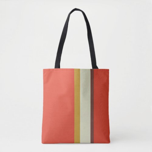 Stripes design natural brown green ochre on red tote bag