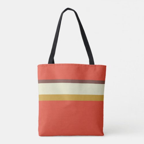 Stripes design natural brown green ochre on red tote bag