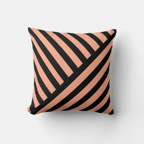 Stripes Diagonal PeachPink on Black Throw Pillow