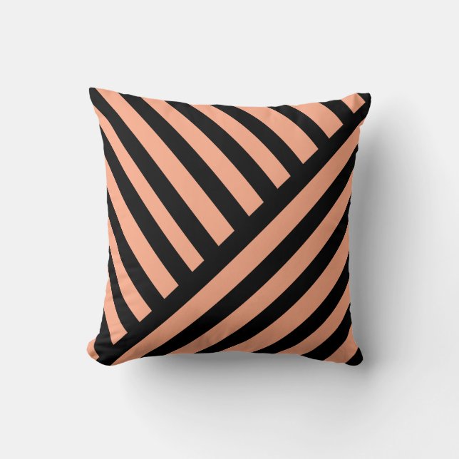 Stripes Diagonal Peach/Pink on Black Throw Pillow (Front)